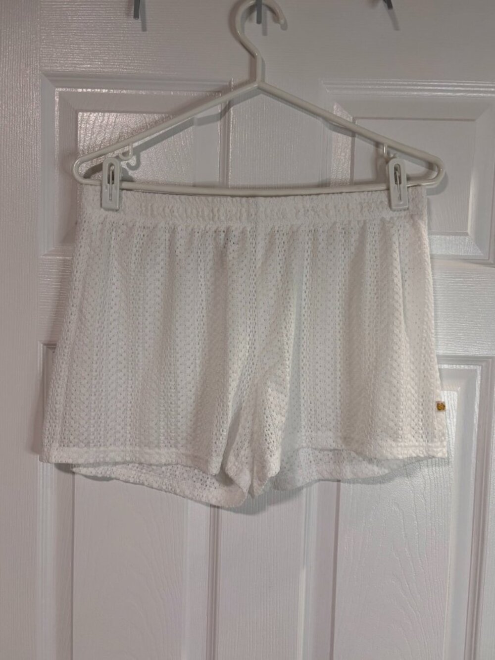 White Crochet Knit Swim Cover-Up Shorts with Semi-Sheer Detail (Medium)